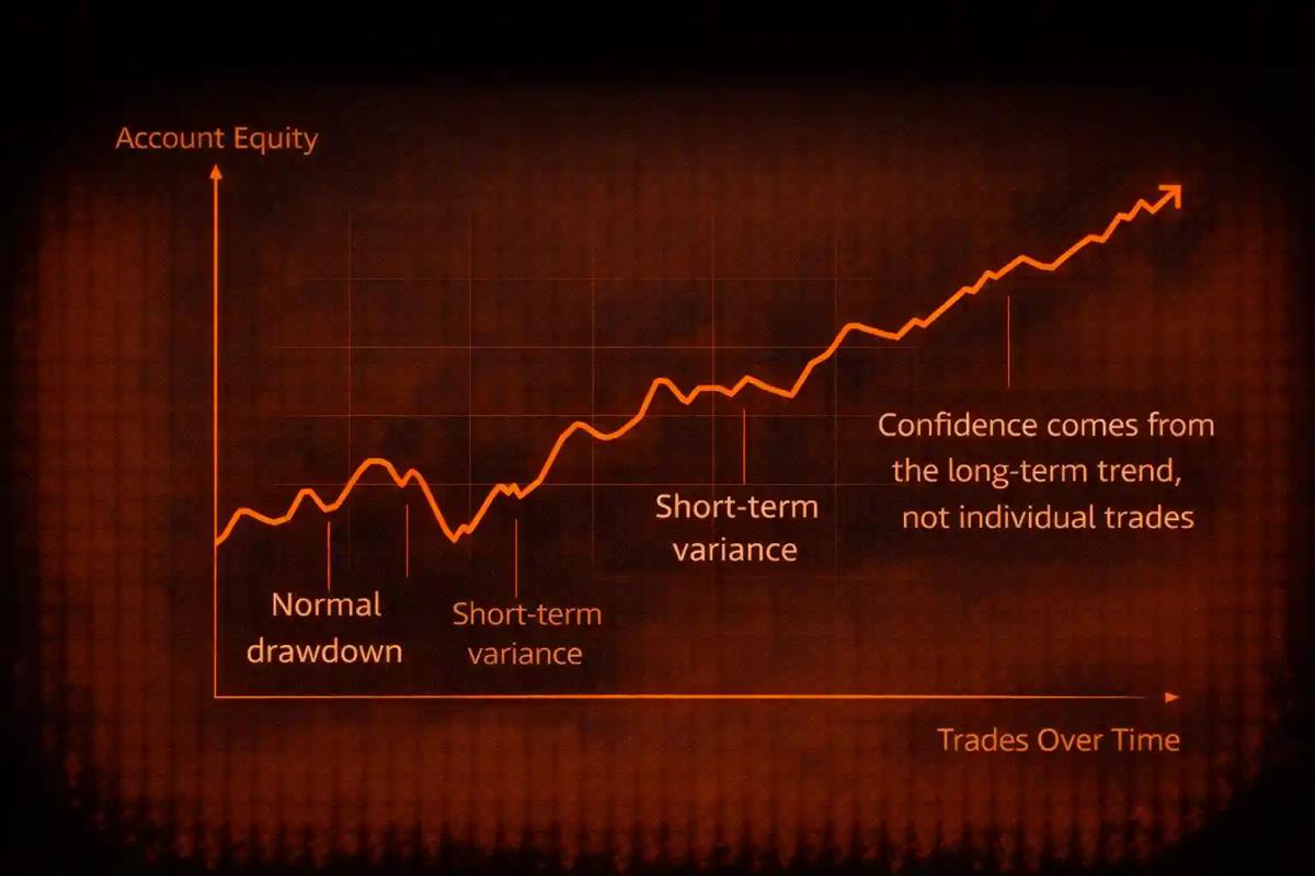 Equity curve line chart showing an upward trend with natural drawdowns, illustrating long-term trading confidence