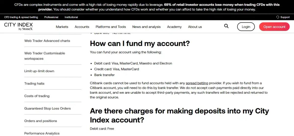 City Index deposit and withdrawal methods including bank transfer cards and PayPal