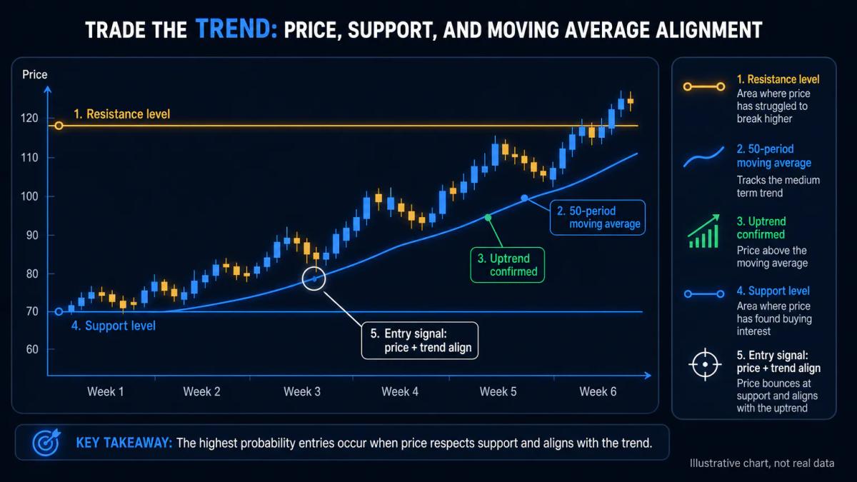 Daily oil chart with support and resistance levels marked and a moving average overlay showing trend direction