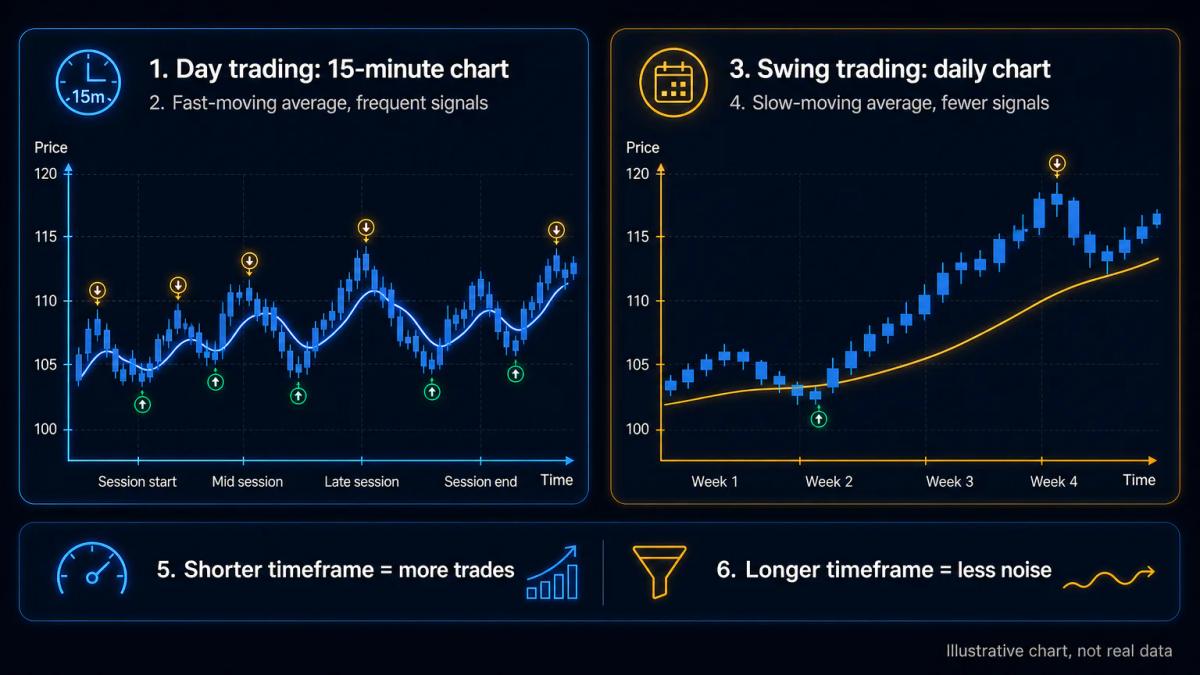 Editorial chart comparing moving averages on day trading versus swing trading timeframes