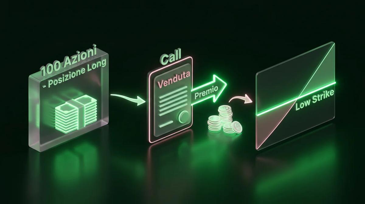 Diagramma della struttura covered call con azioni possedute, call venduta, premio e strike