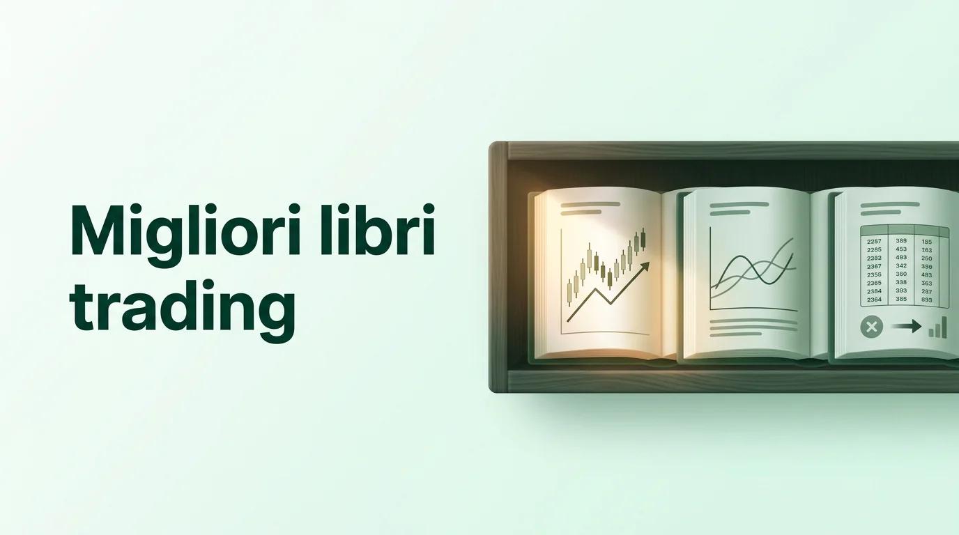 Scaffale di libri di trading aperti con grafici e annotazioni visibili sulle pagine