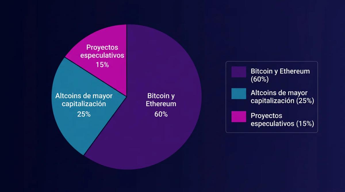 Tres sectores de pastel mostrando asignación de cartera: mayoría en Bitcoin y Ethereum, porción menor en altcoins, fracción m
