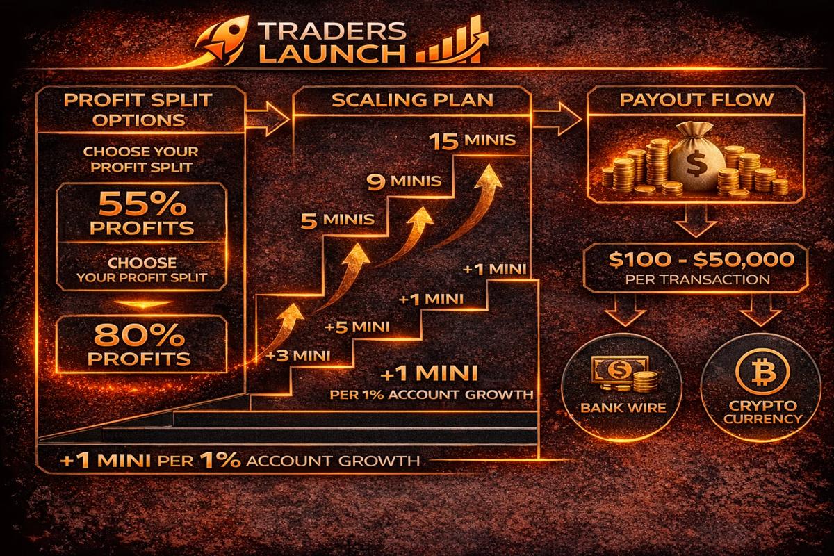 Traders Launch profit split options and scaling plan diagram from 2 to 15 mini contracts