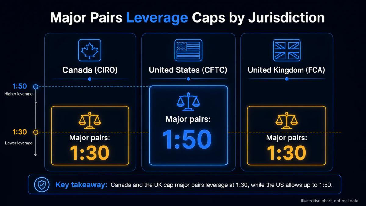 Three-column comparison chart: Canada 1:30 majors, US 1:50 majors, UK 1:30 majors, with regulatory bodies named