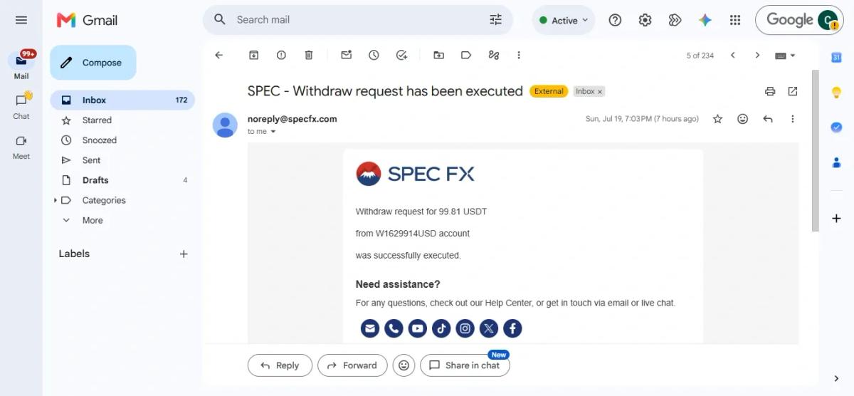 Spec Markets email confirming the 99.81 USDT withdrawal request was executed