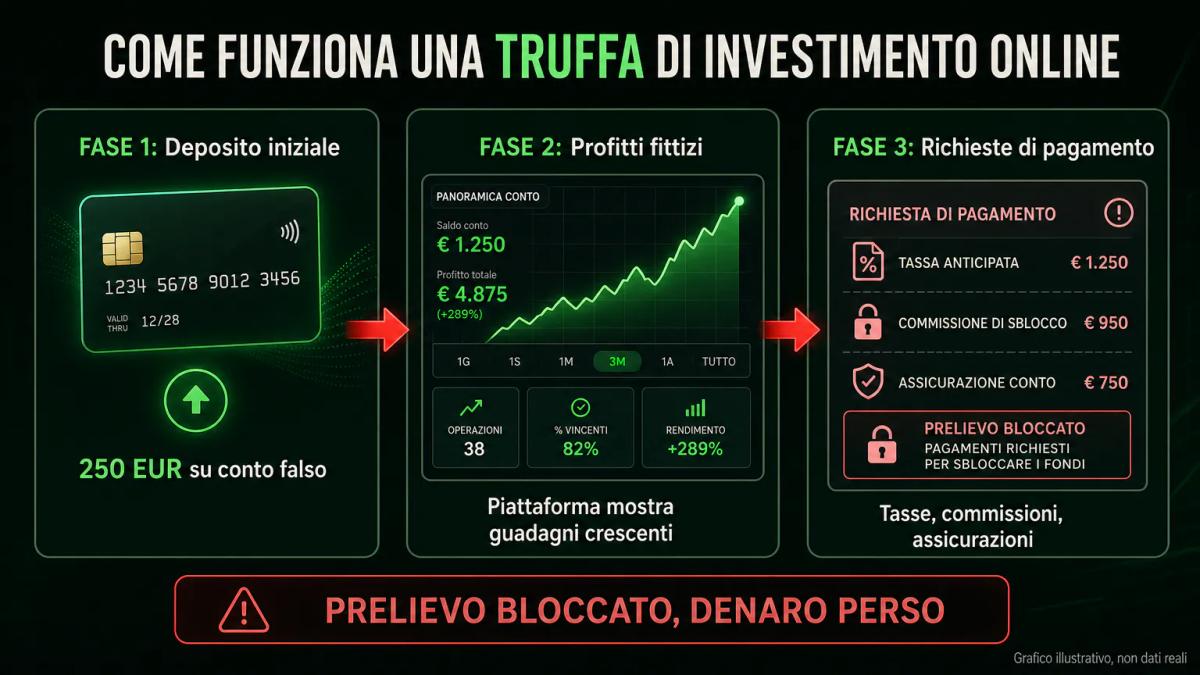 Diagramma delle tre fasi della truffa: deposito iniziale, visualizzazione di profitti fittizi, richieste di pagamenti mascher