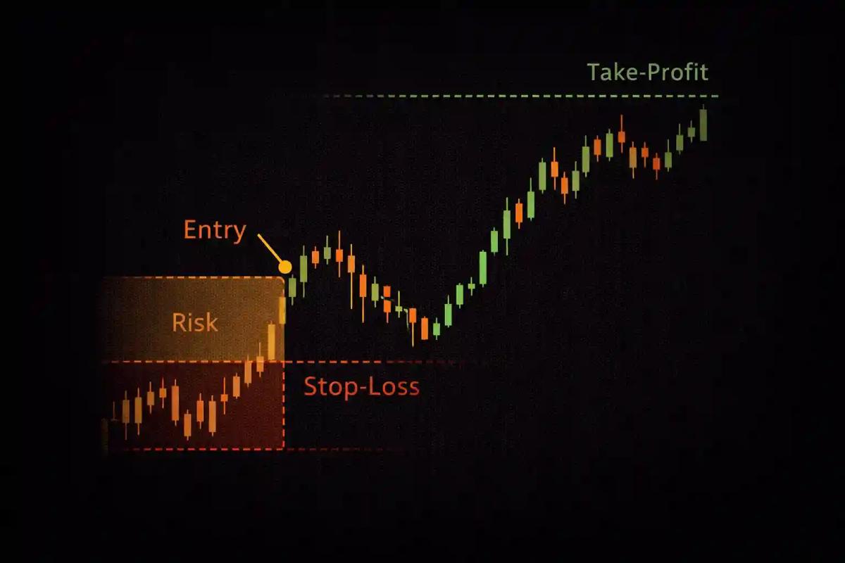 Annotated trading chart showing entry point with stop-loss level below and take-profit level above