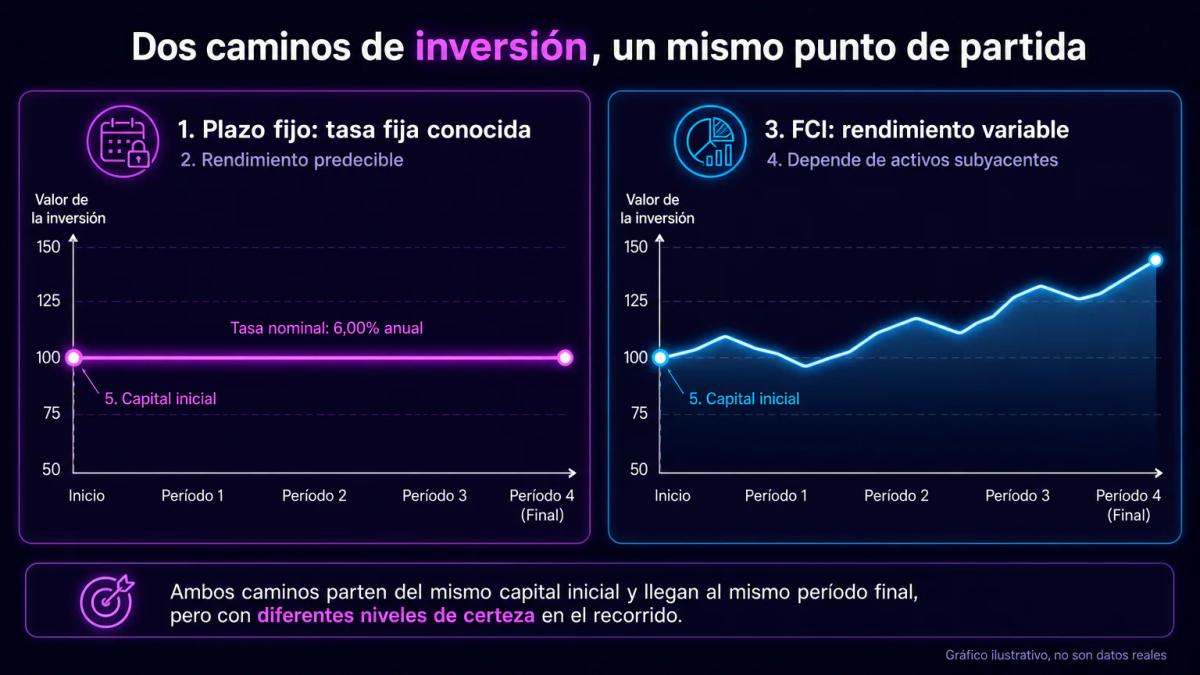 Gráfico editorial comparativo: plazo fijo con línea horizontal fija versus fondo común con línea variable ascendente
