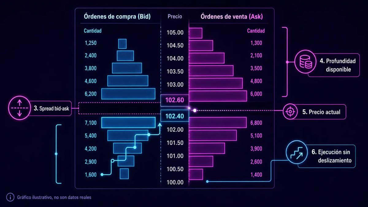 Libro de órdenes con spread bid-ask estrecho y profundidad de órdenes disponibles en múltiples niveles de precio