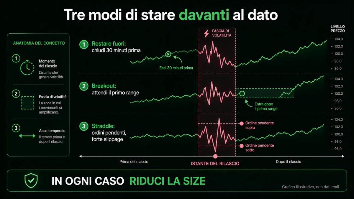 I tre approcci operativi intorno a un dato macro: restare fuori, operare la rottura del primo range, oppure gli ordini pendenti