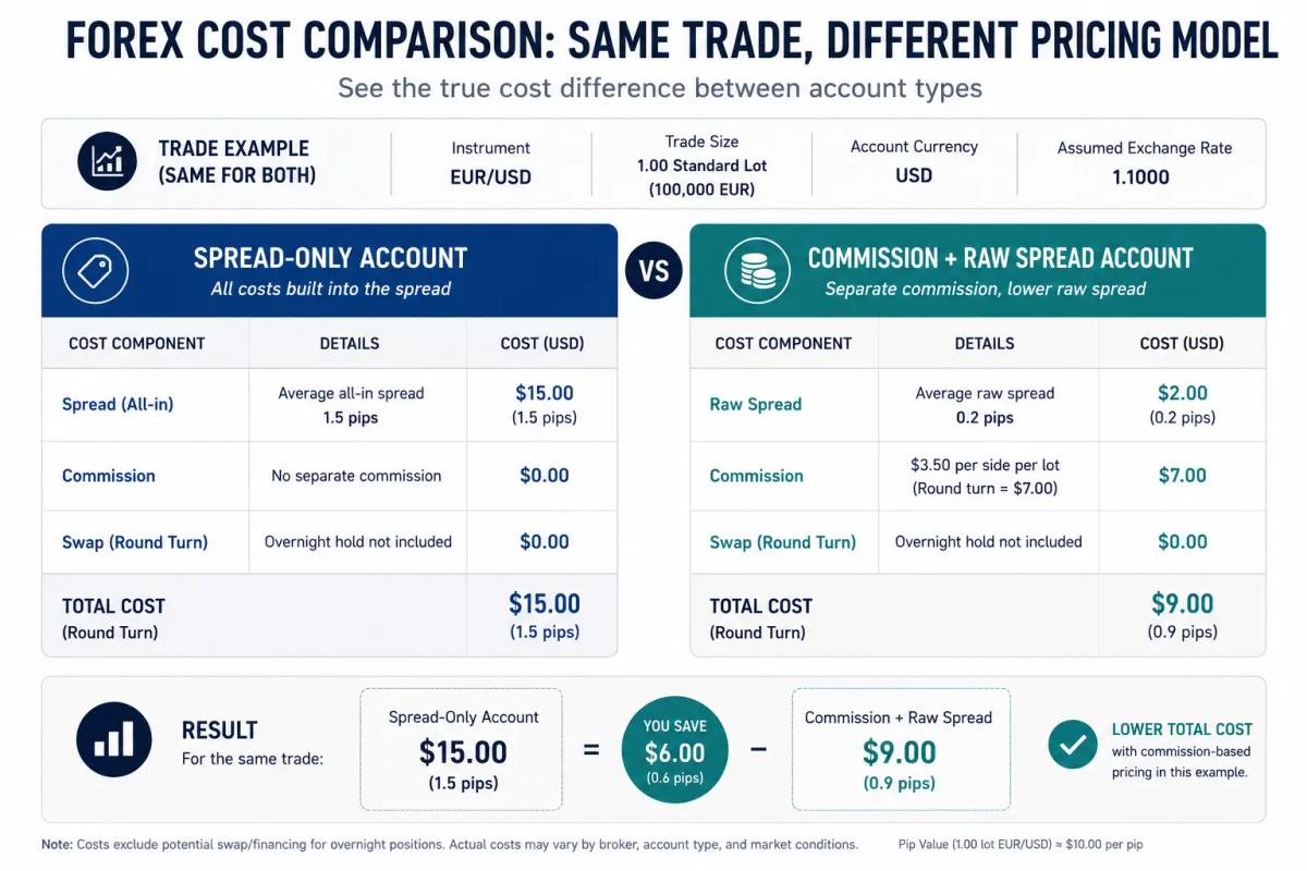 Side-by-side cost comparison of spread-only vs commission-based forex broker accounts