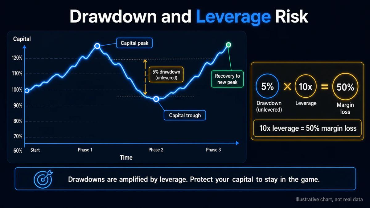 Drawdown mechanics diagram showing capital peak, trough, and recovery with leverage multiplier effect annotated