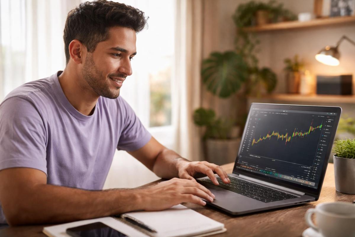 Persona joven haciendo trading desde su casa en un entorno cotidiano latinoamericano con laptop