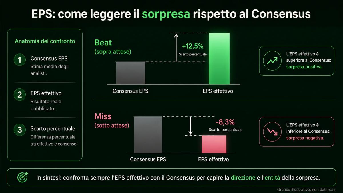 Grafico editoriale che confronta il consensus EPS con il risultato effettivo e mostra il beat e il miss