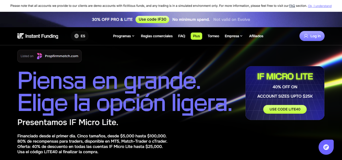 Hero del sitio de Instant Funding con propuesta de fondeo inmediato y botón para empezar