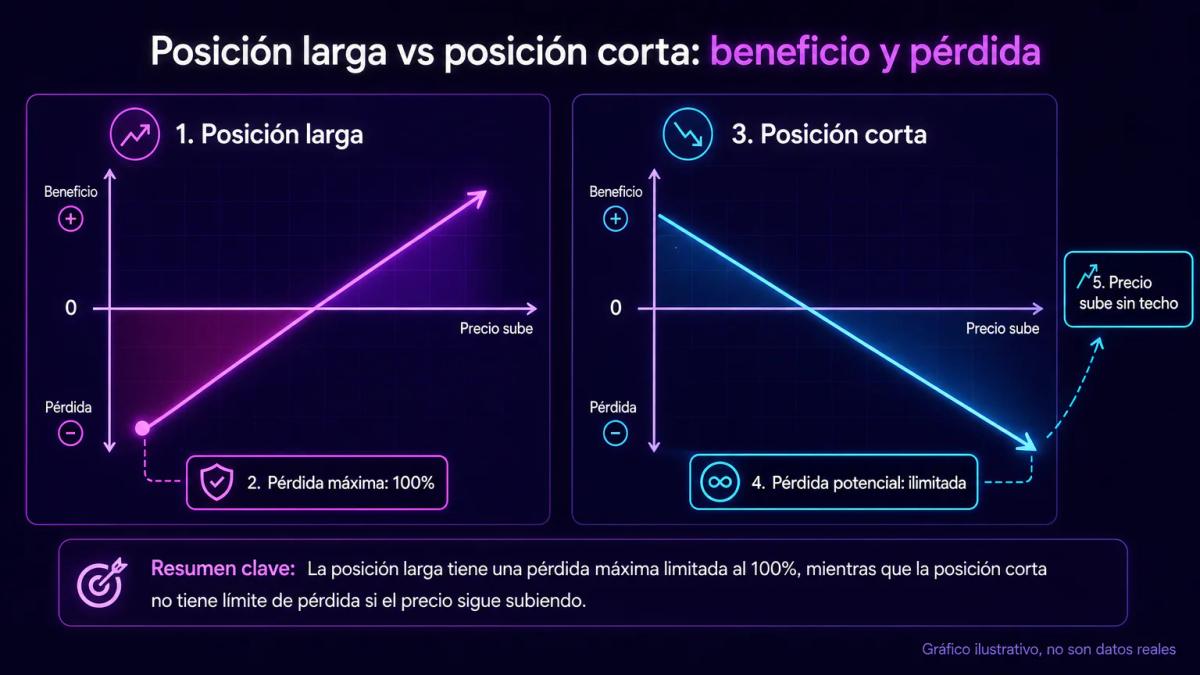 Comparación de perfiles de riesgo: posición larga con pérdida máxima del 100% versus posición corta con pérdida teóricamente 