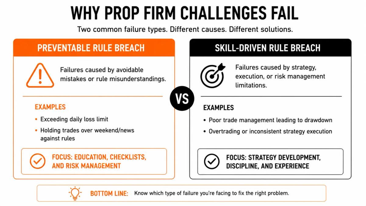 Segmented diagram showing main failure categories: rule violations, drawdown breaches, and behavioural errors, labelled as illustrative