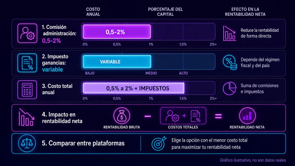Tabla comparativa de comisiones y costos de fondos en dólares con rangos de porcentajes