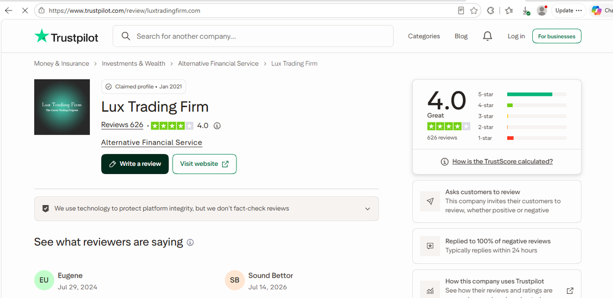 Perfil de Lux Trading Firm en Trustpilot con valoración 4,4 y reseñas de usuarios