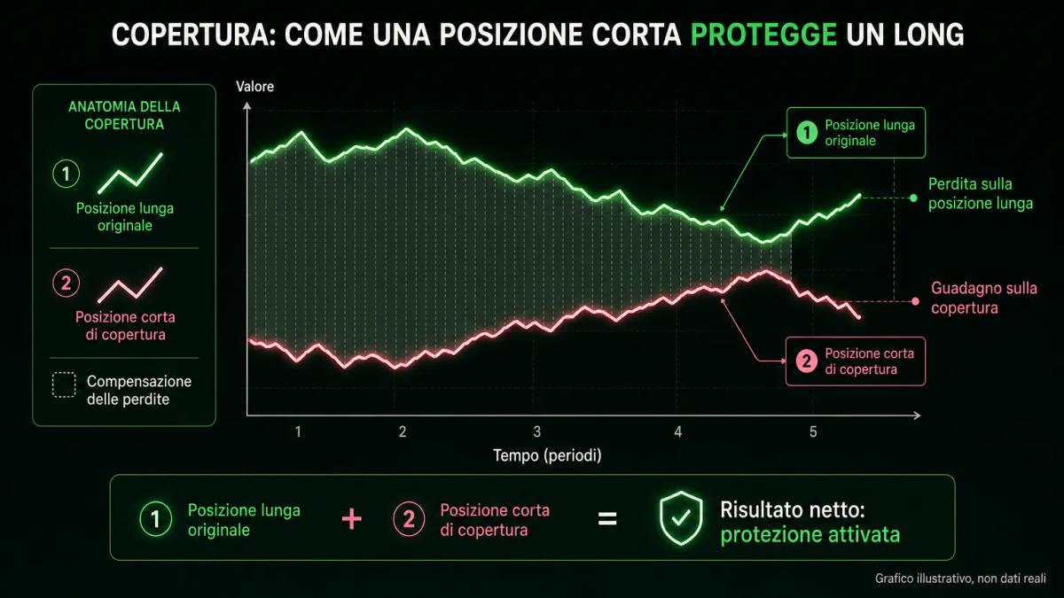 Grafico editoriale che mostra una posizione lunga compensata da una posizione corta opposta sullo stesso asset