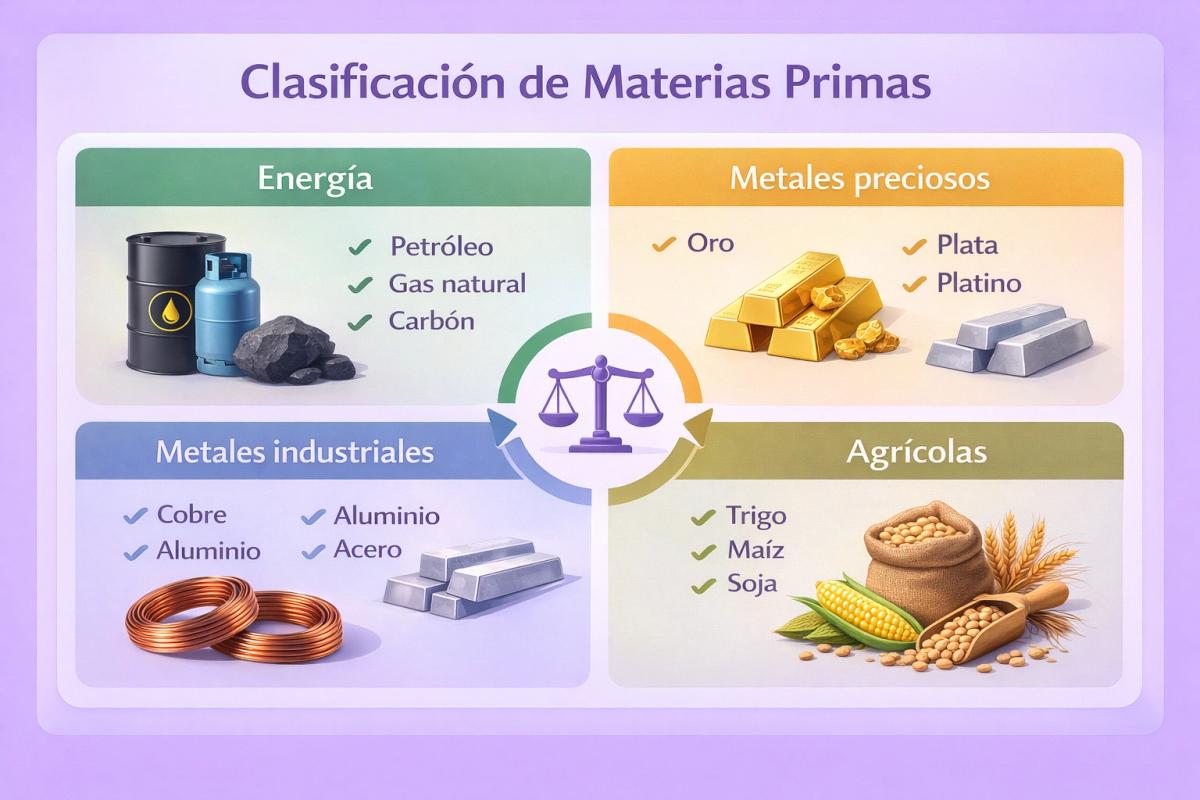 Diagrama de cuatro cuadrantes clasificando energía, metales preciosos, metales industriales y agrícolas