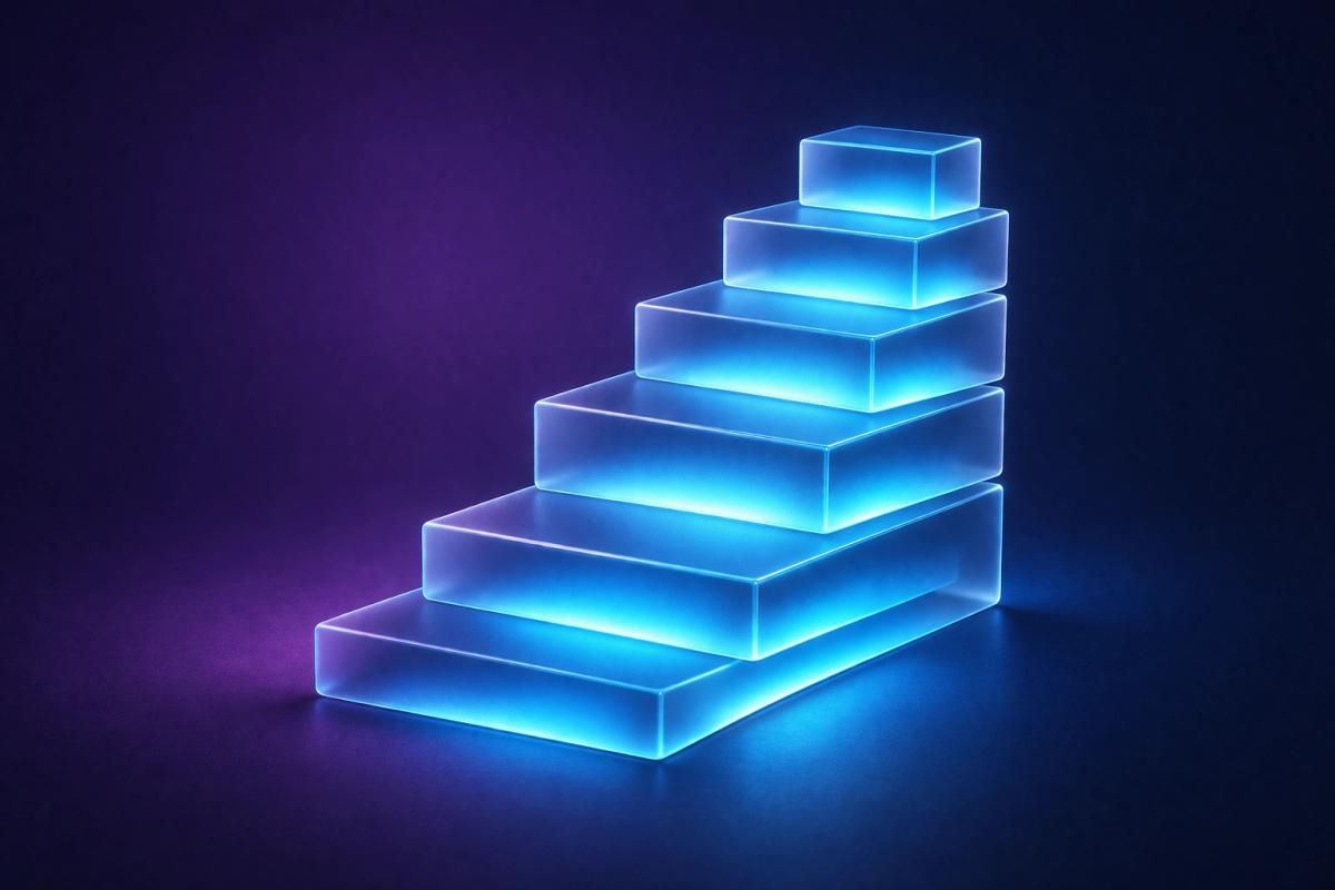 Bloques en escalera ascendente de vidrio esmerilado con iluminación interna azul, representando crecimiento gradual