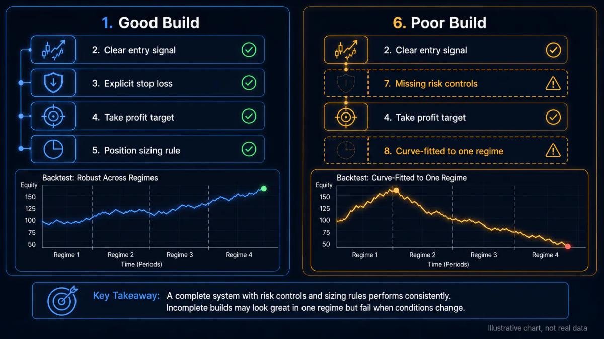 Comparison of good versus poor automated system builds: good side shows entry signal, stop loss, take profit and position siz