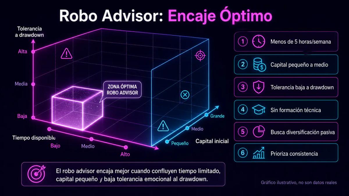Matriz de decisión con tres variables: horas semanales disponibles, capital inicial y tolerancia a drawdown, señalando el per
