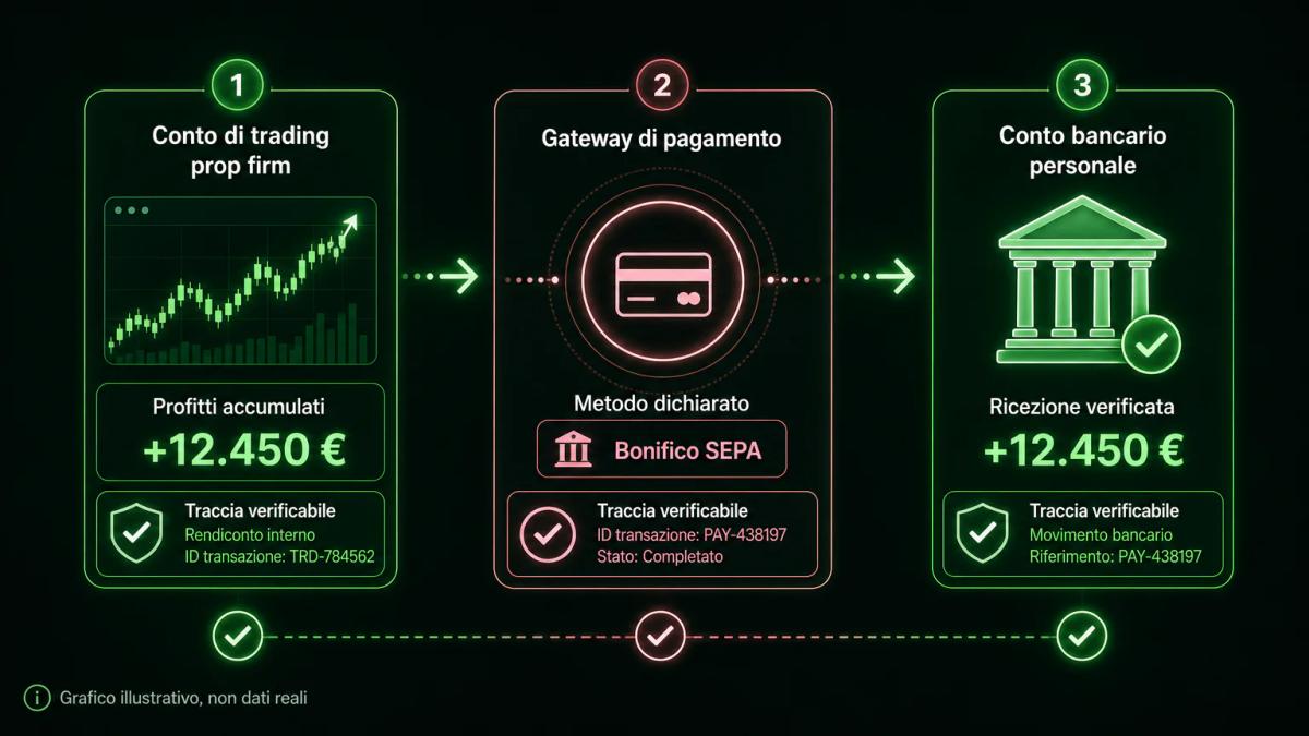 Diagramma di flusso che mostra tre stadi del payout: conto di trading, sistema di pagamento, conto bancario personale