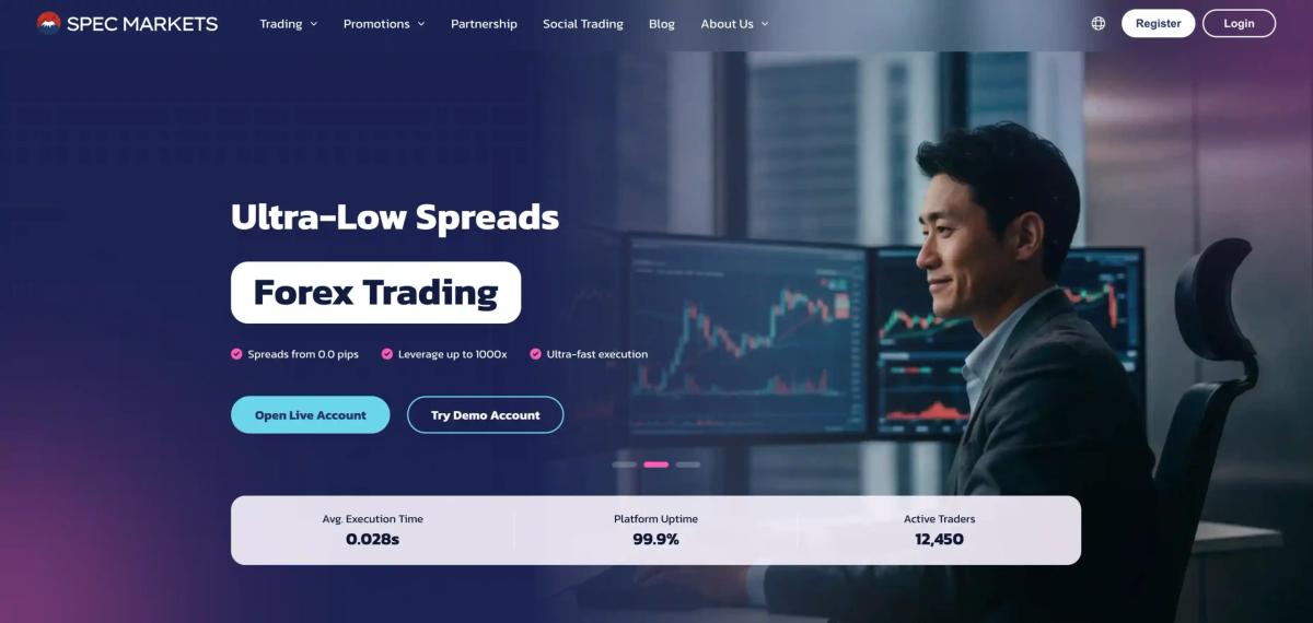 Spec Markets homepage displaying features and account options