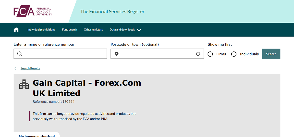 FCA register page showing GAIN Capital UK Ltd (FOREX.com) with FRN 446717