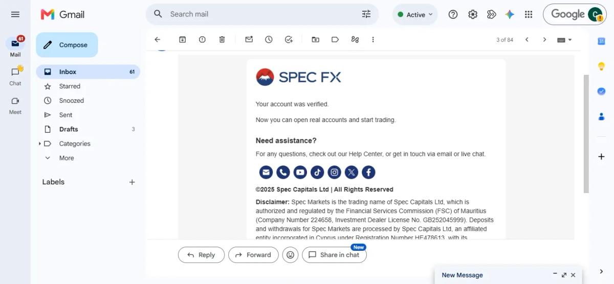 Spec Markets account verification email whose disclaimer names Spec Capitals Ltd in Mauritius and a separate Cyprus entity for deposits and withdrawals