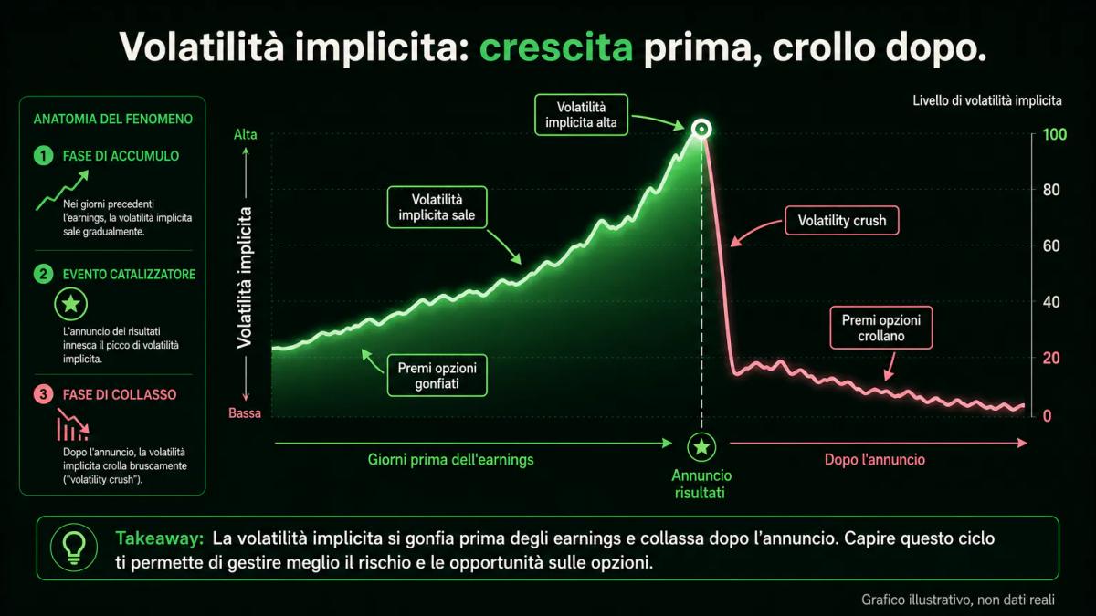Grafico editoriale che mostra l'andamento della volatilità implicita prima e dopo l'annuncio dei risultati