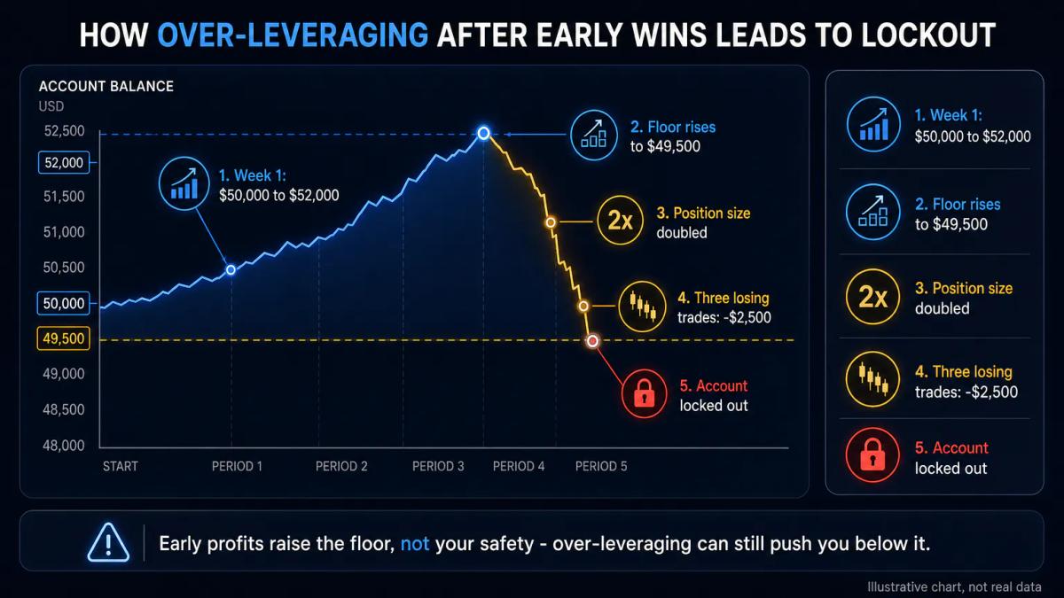 Account balance climbing to $52,000, then dropping $2,500 and hitting the trailing floor that has tightened, showing the acco