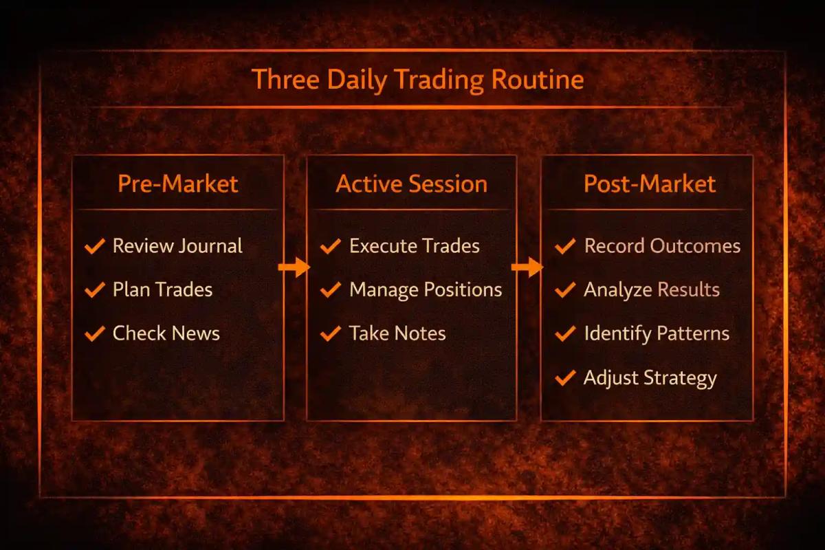 Three-phase daily trading routine flowchart showing pre-market, active session, and post-market tasks