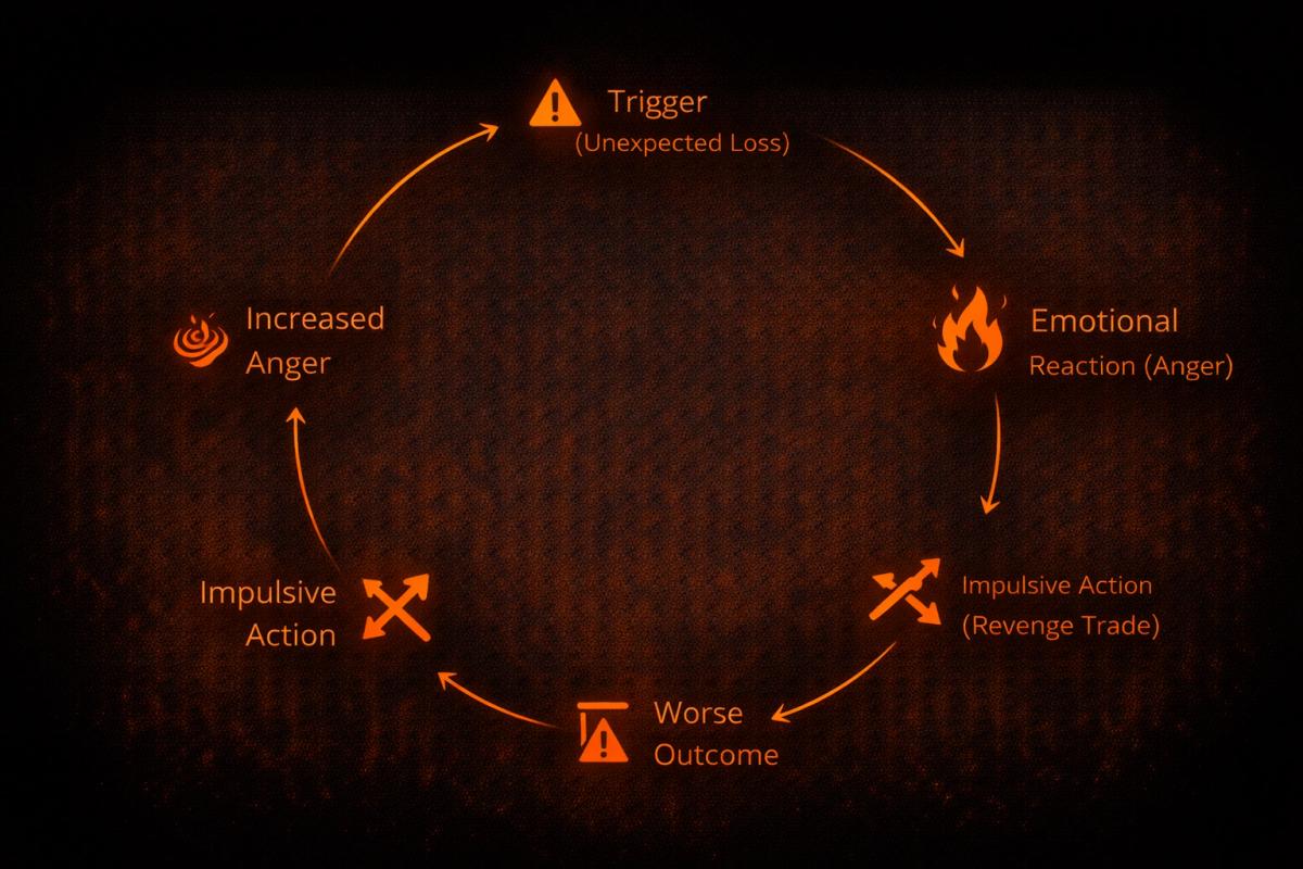 Circular flowchart showing the anger cycle in trading from loss trigger to revenge trade loop