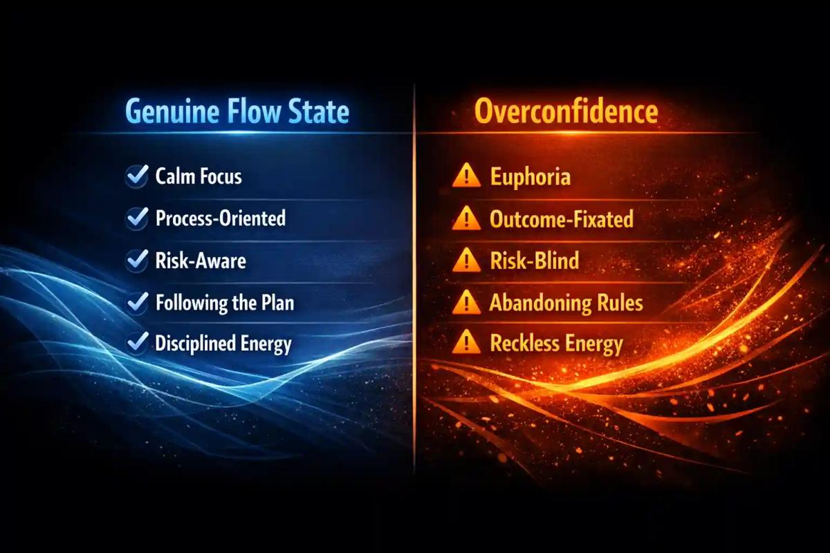 Two-column comparison of genuine flow state characteristics versus overconfidence characteristics in trading