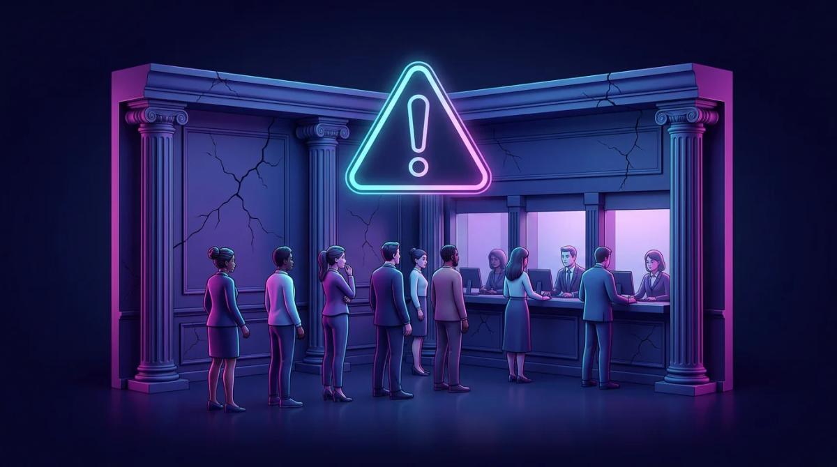 Escena de banco con grietas en la pared y líneas de clientes esperando, representando estrés de liquidez y riesgo de rescates