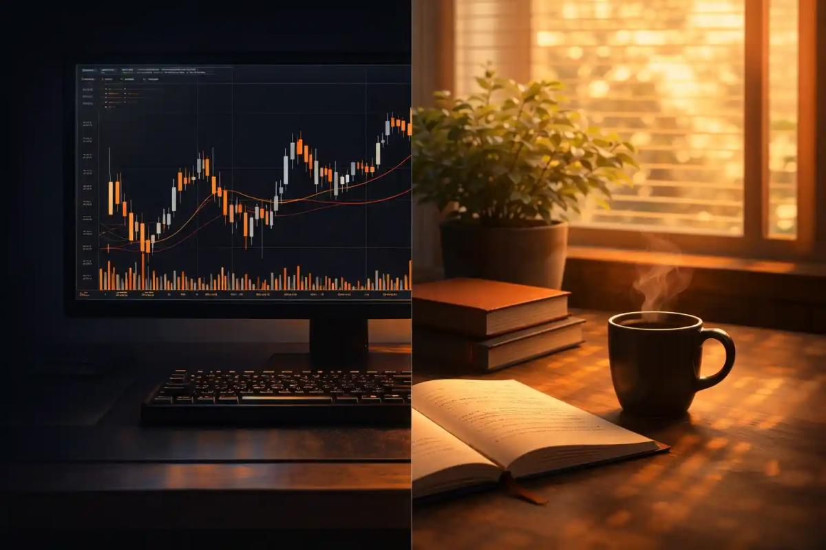 Split workspace showing trading screens alongside personal life elements like coffee books and greenery representing trading work-life balance
