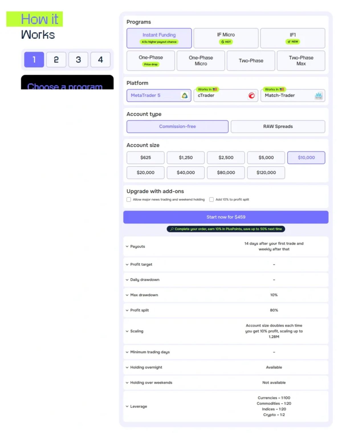 Instant Funding pricing page with account sizes from $625 to $300K and corresponding fees