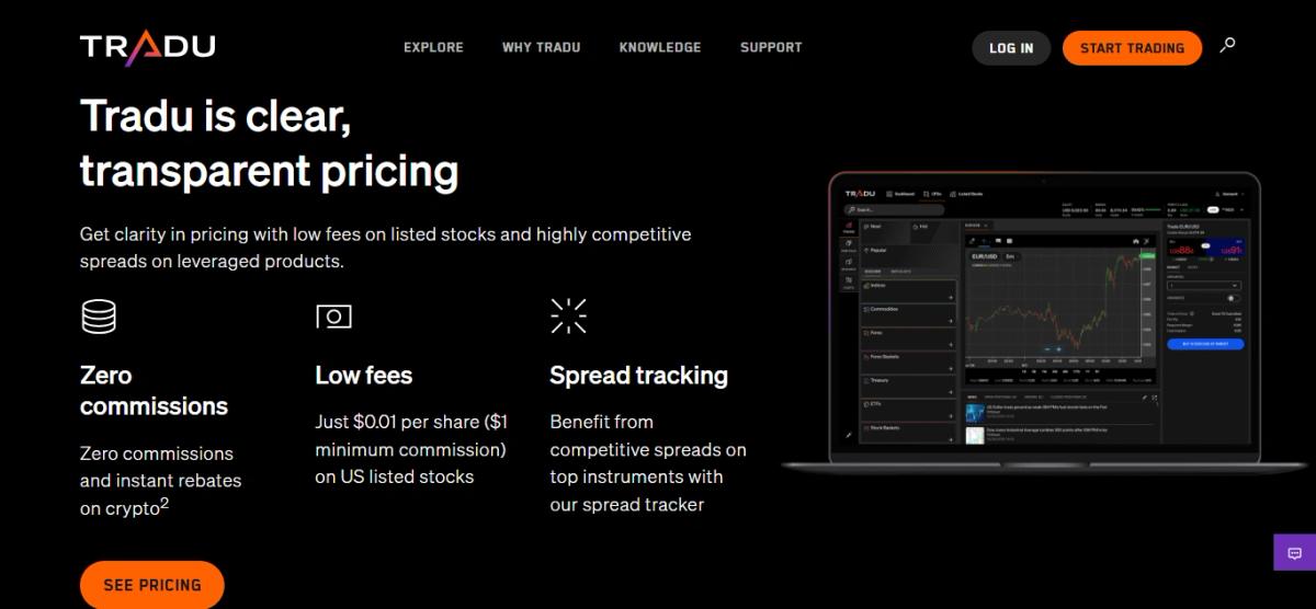 Tradu pricing model selection showing Zero Commission and Raw Spread account options