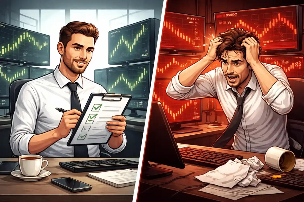 Disciplined trader following plan vs emotional trader making impulsive decisions