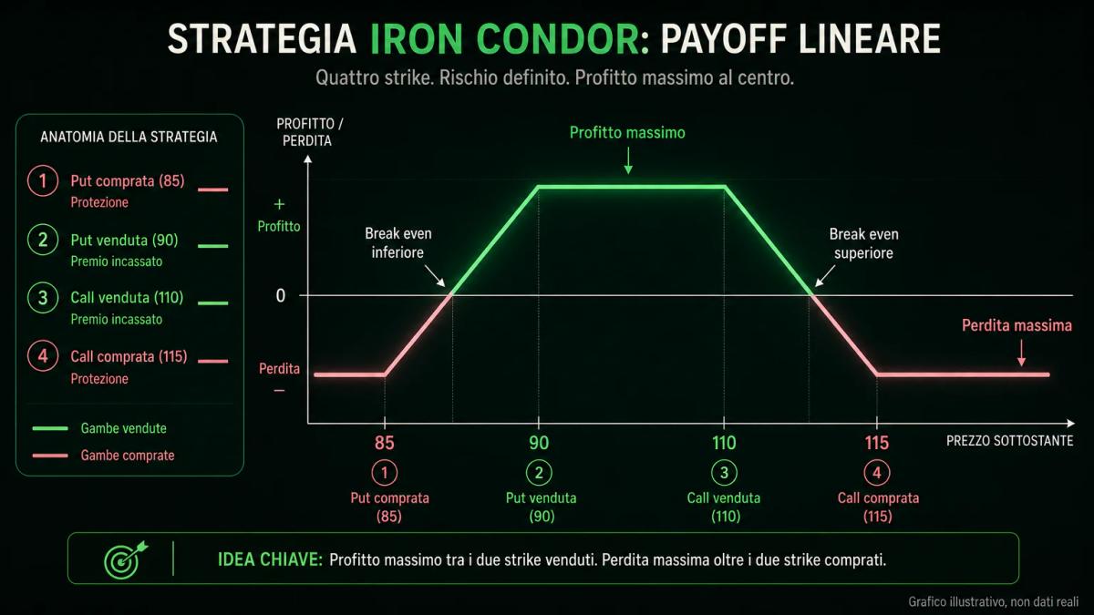 Diagramma di payoff dell'iron condor con quattro strike, zone di profitto e perdita massima