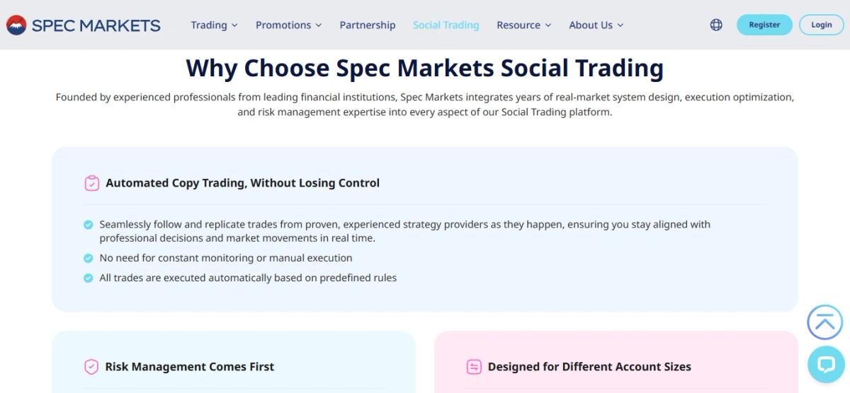 Plataforma de copy trading y social trading de Spec Markets para trading automático en MT5