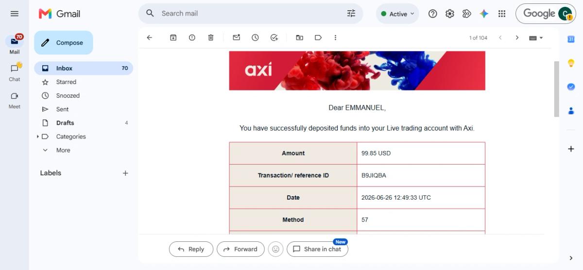 Axi crypto deposit confirmation email showing amount and reference