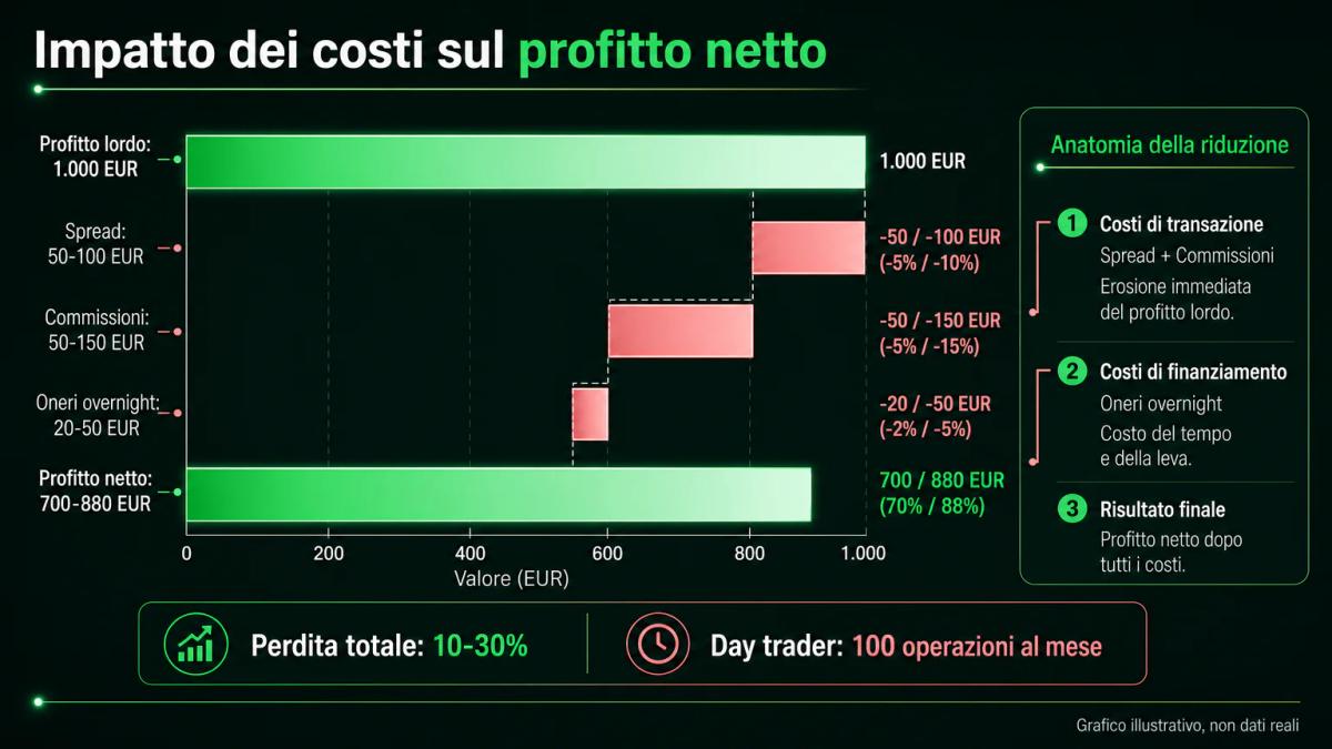 Grafico a barre che mostra come spread, commissioni e oneri overnight riducono i profitti lordi dal 10 al 30 percento