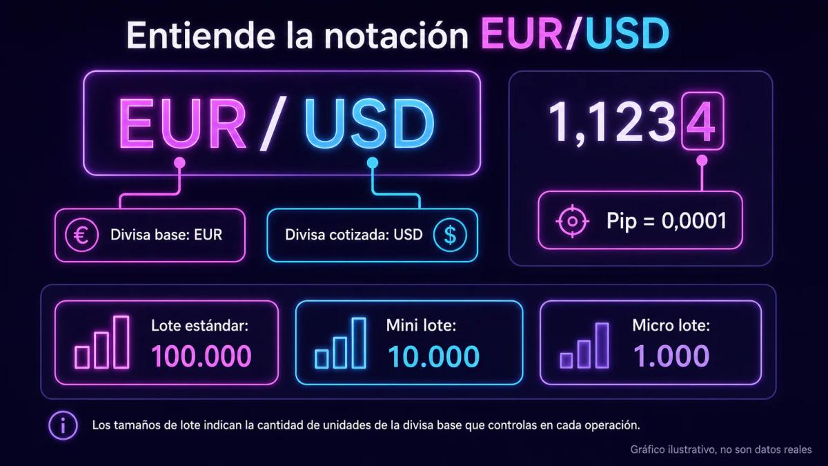 Anatomía de un par de divisas EUR/USD con etiquetas de divisa base, divisa cotizada, pip y lote
