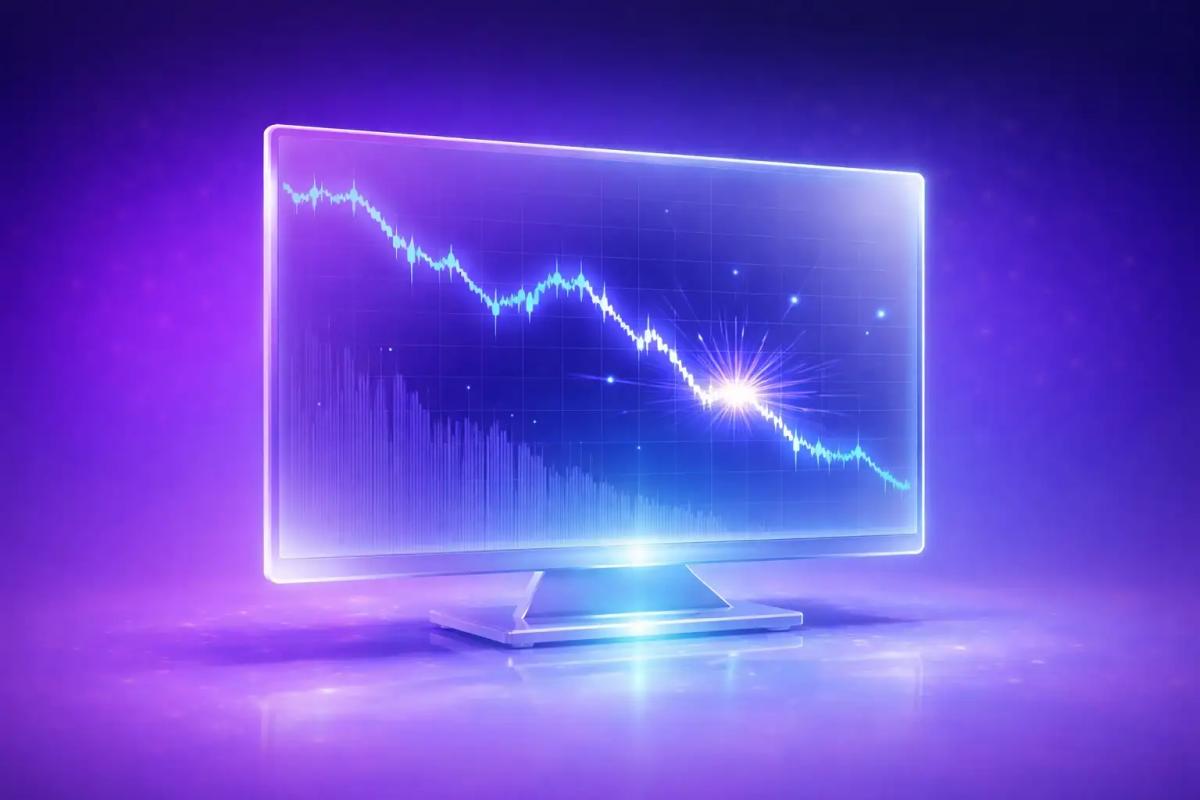 Monitor 3D con gráfico de trading y efectos de luz azul representando incertidumbre en el mercado