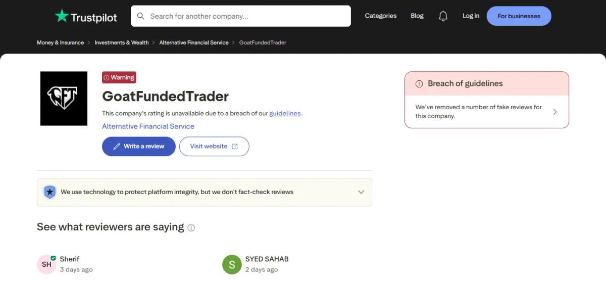 Advertencia de guideline breach en el perfil de Trustpilot de Goat Funded Trader